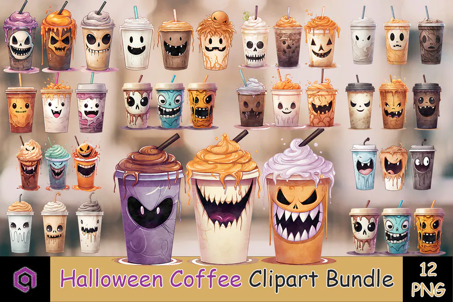Halloween Coffee Clipart Bundle preview for Halloween coffee sublimation PNG
