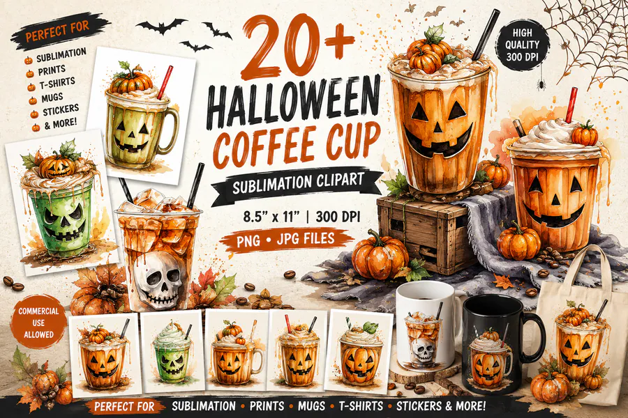 Halloween Coffee Cup Sublimation Clipart preview for Halloween coffee sublimation PNG