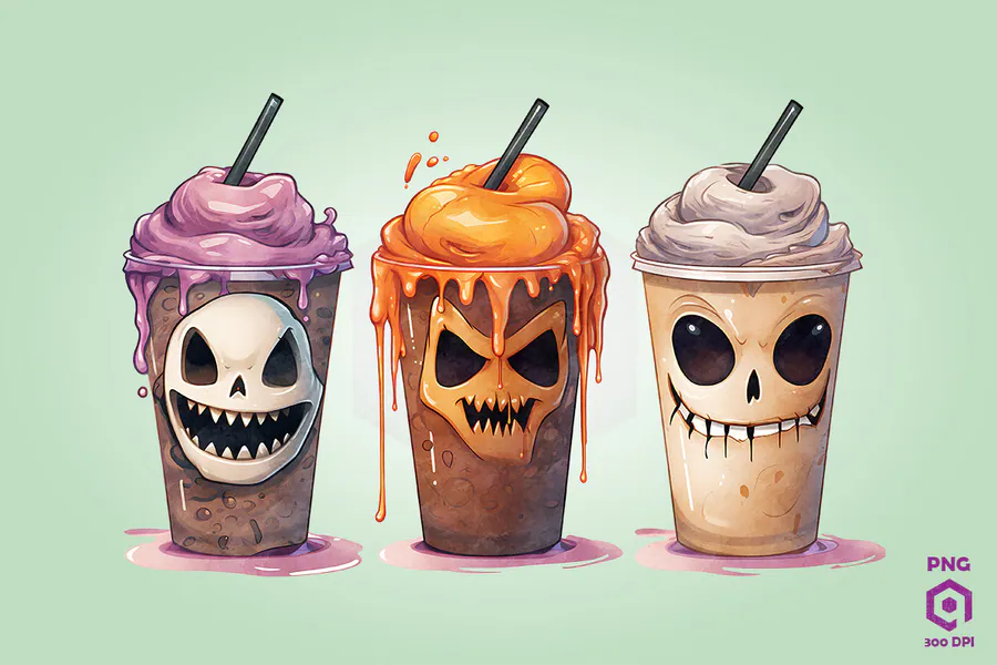 Halloween Coffee Watercolor Clipart PNG — Set 7 preview for Halloween coffee sublimation PNG