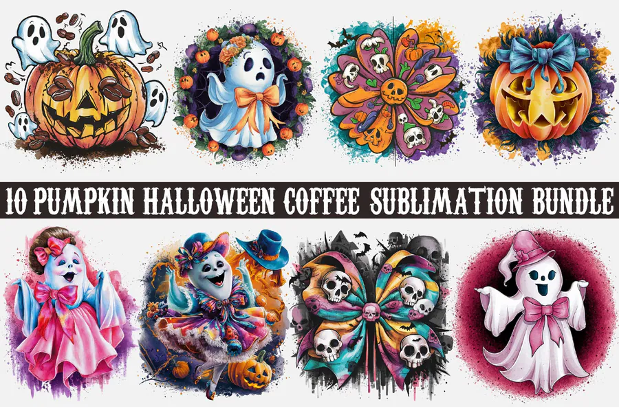 Pumpkin Halloween Coffee PNG Bundle preview for Halloween coffee sublimation PNG