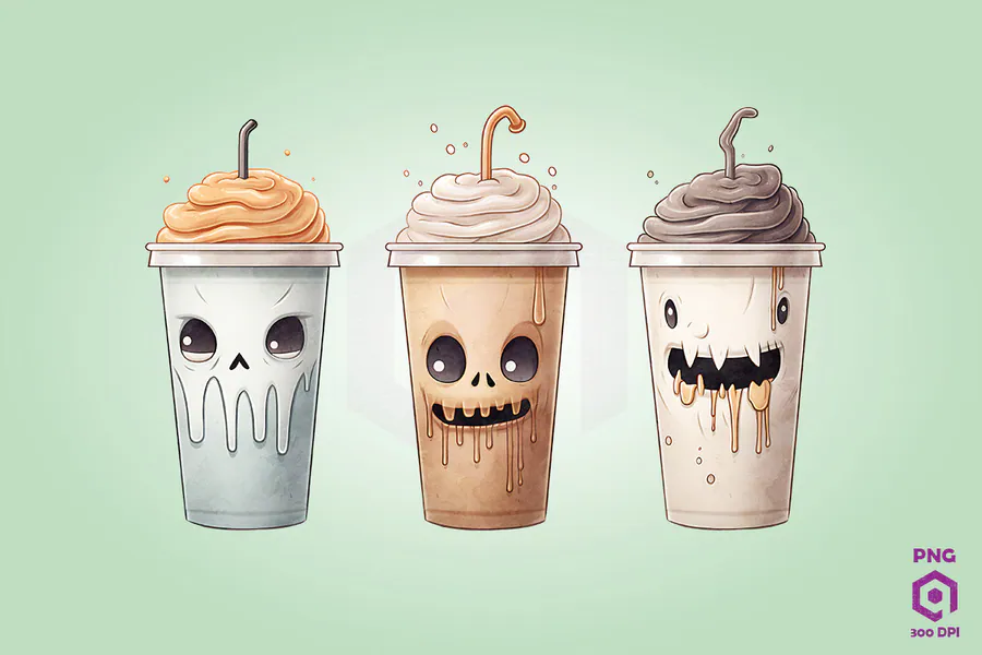 Halloween Coffee Watercolor Clipart PNG — Set 15 preview for Halloween coffee sublimation PNG