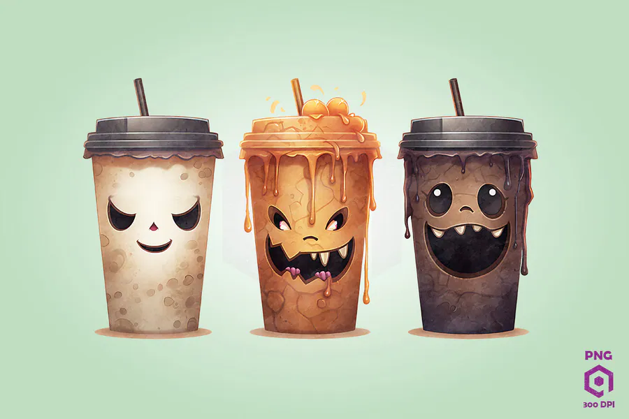 Halloween Coffee Watercolor Clipart PNG — Set 8 preview for Halloween coffee sublimation PNG