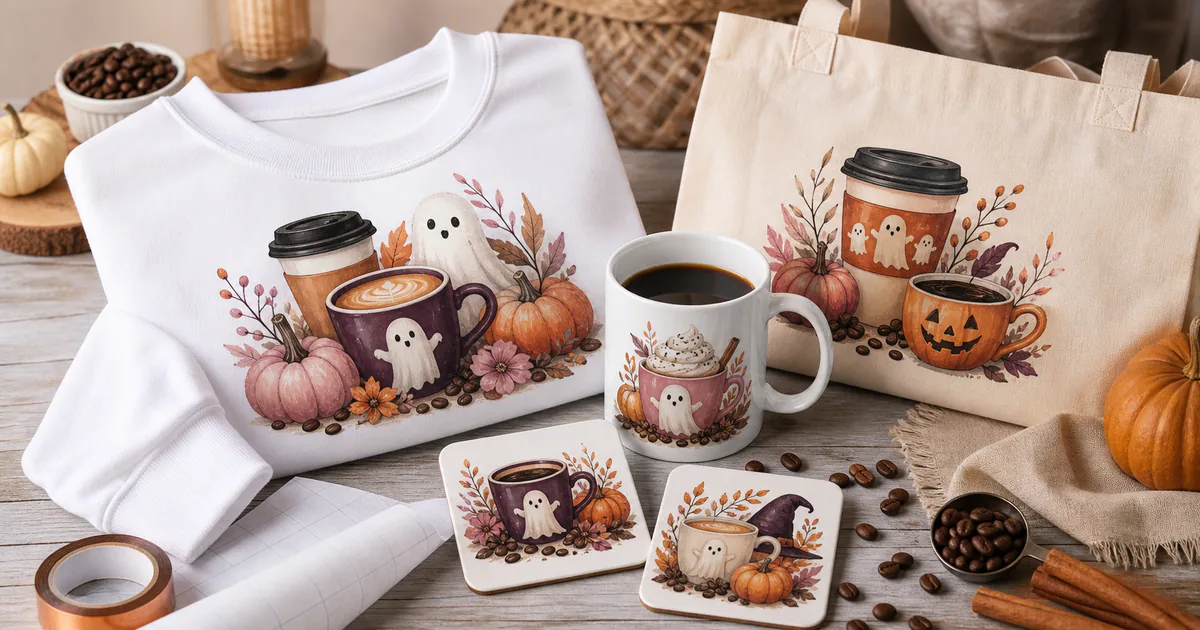 Halloween coffee sublimation PNG designs on a sweatshirt, mug, tote and coasters