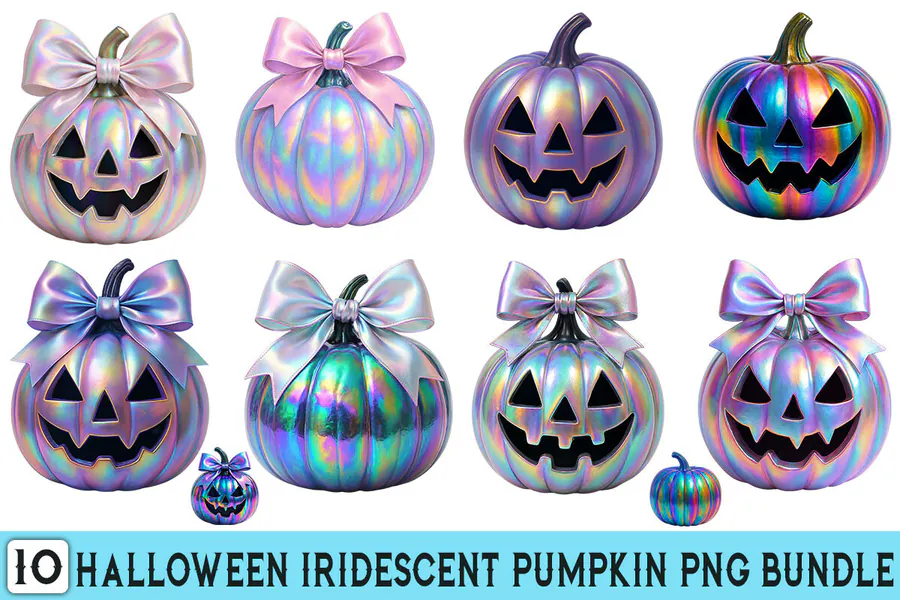 Halloween Iridescent Pumpkin PNG Bundle preview for Halloween jack-o'-lantern sublimation PNG