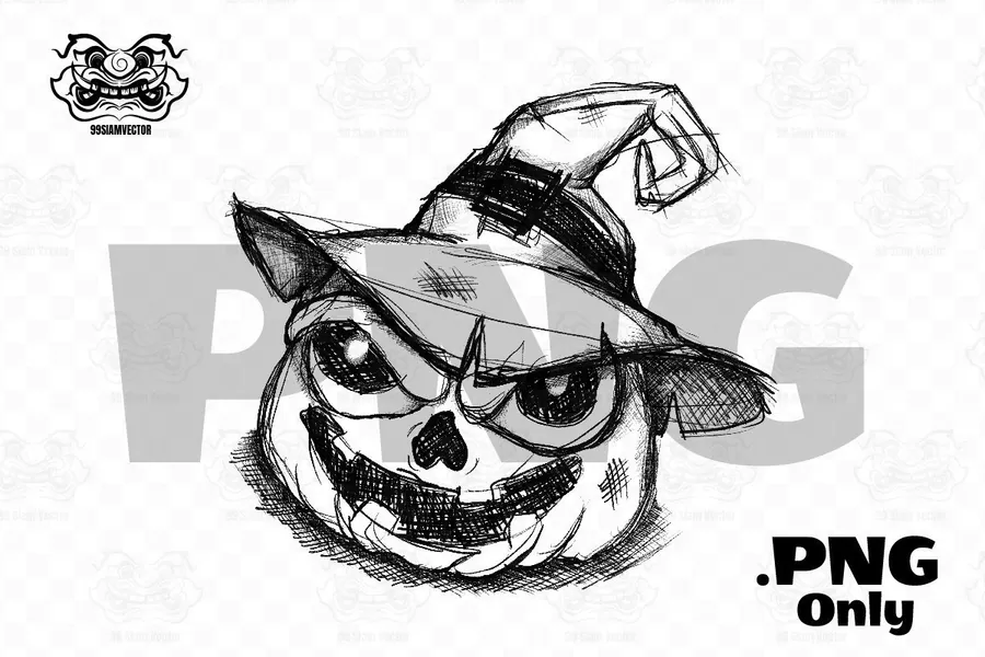 Witch Hat Pumpkin Sketch PNG preview for Halloween jack-o'-lantern sublimation PNG