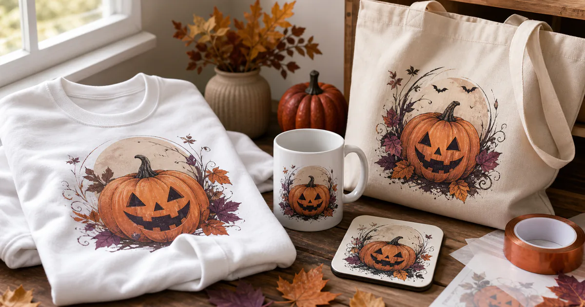 Halloween jack-o'-lantern sublimation PNG designs on a sweatshirt, mug, tote and coaster