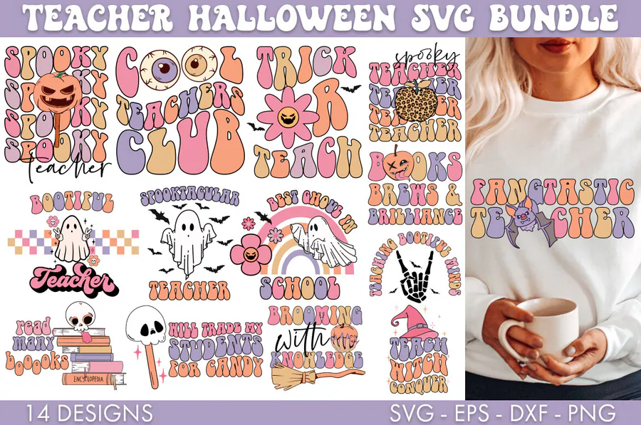 Teacher Halloween SVG Bundle PNG preview for Halloween teacher sublimation PNG
