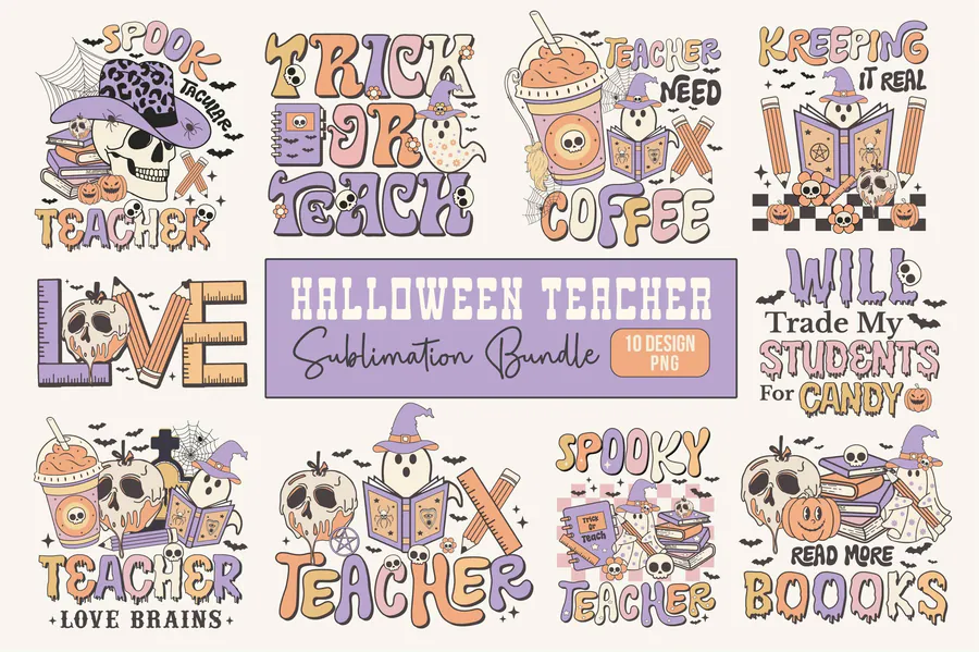 Halloween Teacher PNG Sublimation Bundle — 10 PNG preview for Halloween teacher sublimation PNG