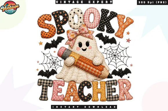 Spooky Teacher Ghost Patchwork PNG preview for Halloween teacher sublimation PNG