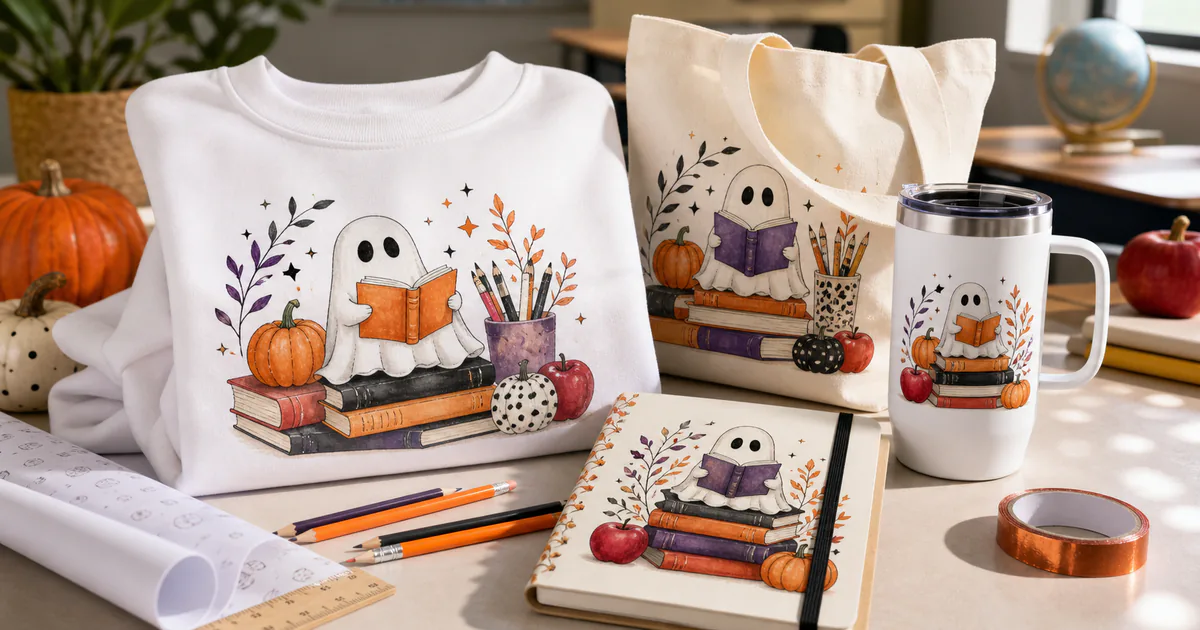 Halloween teacher sublimation PNG designs on a sweatshirt, mug, tote and notebook