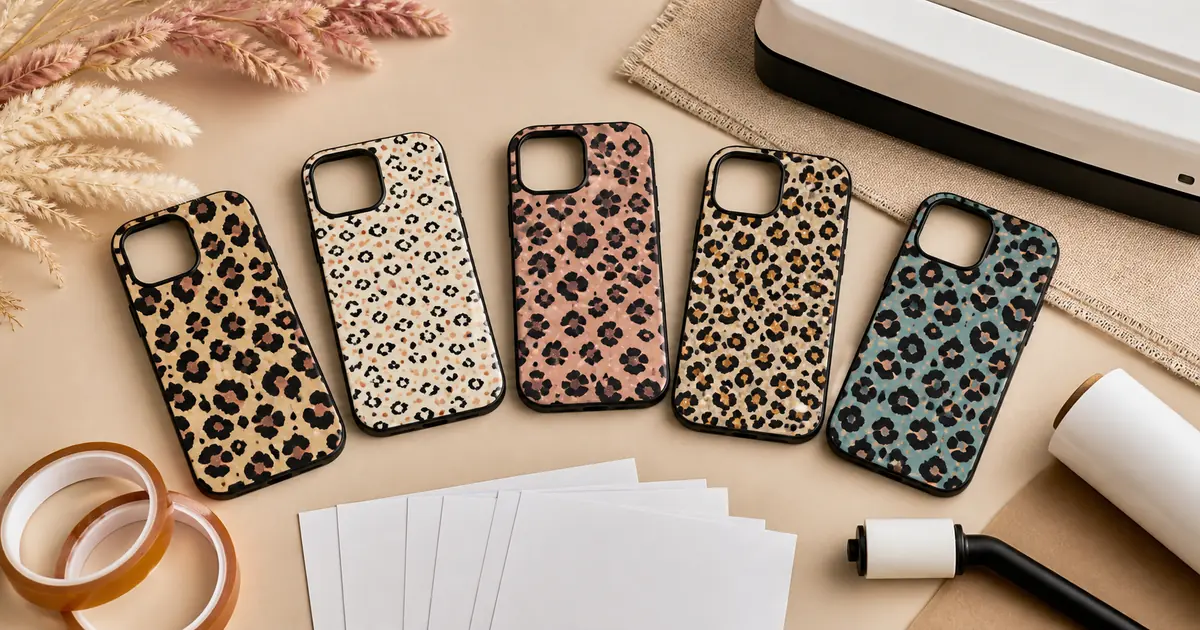 Leopard print phone case sublimation ideas in five coordinated color palettes