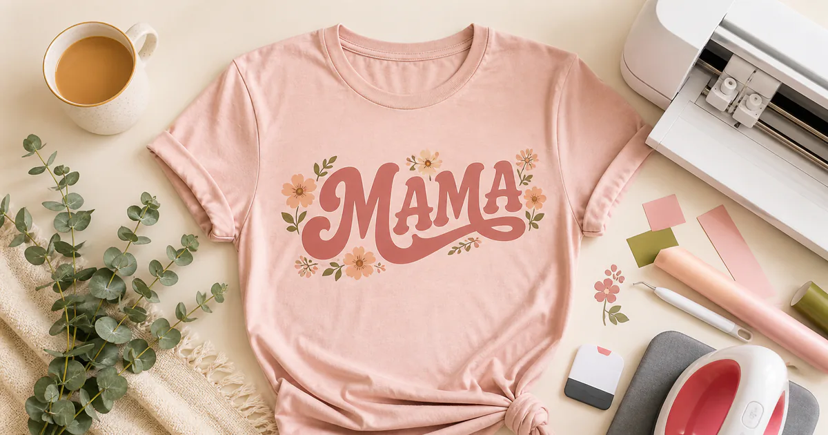 Mama shirt SVG design printed on a blush tee beside modern apparel crafting tools