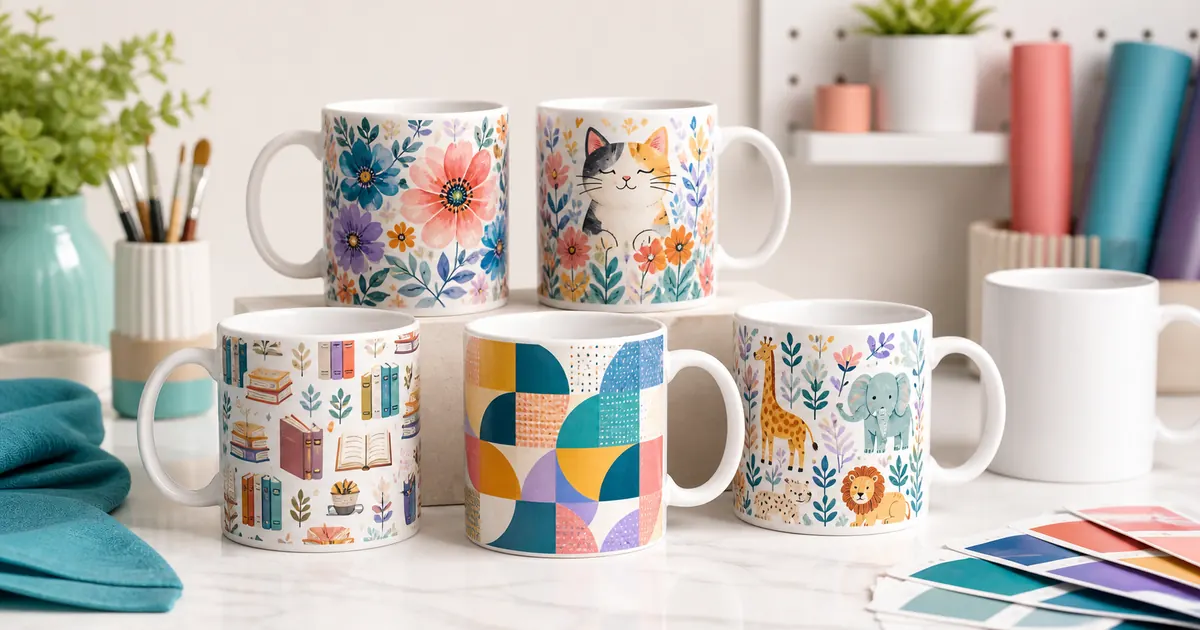Mug sublimation designs shown on ceramic mugs with floral, cat, book, geometric and animal wraps