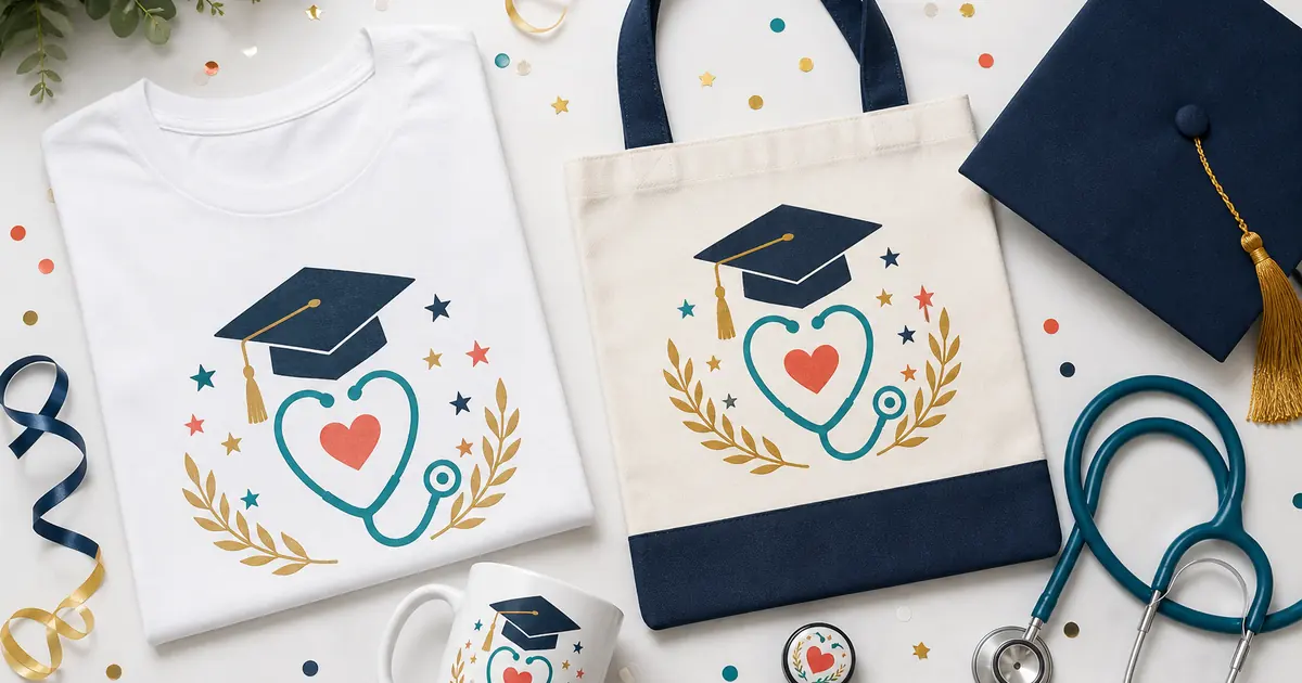 Nurse graduation sublimation designs shown on a shirt, tote, mug and badge reel beside a graduation cap