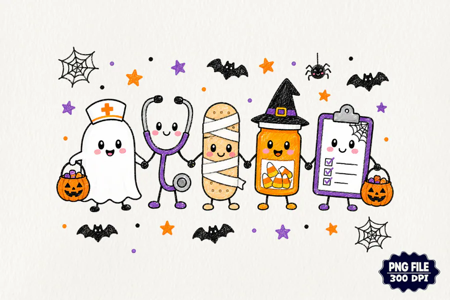 Halloween Ghost Nurse Doodles PNG preview for nurse sublimation designs