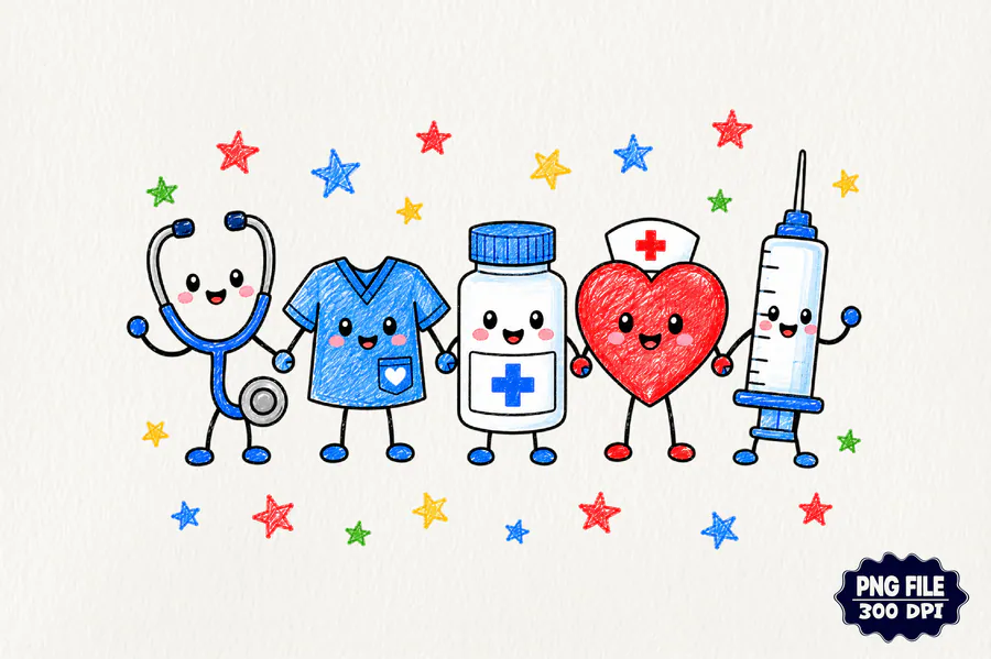 Cute Nurse Doodle Medical Crew PNG preview for nurse sublimation designs