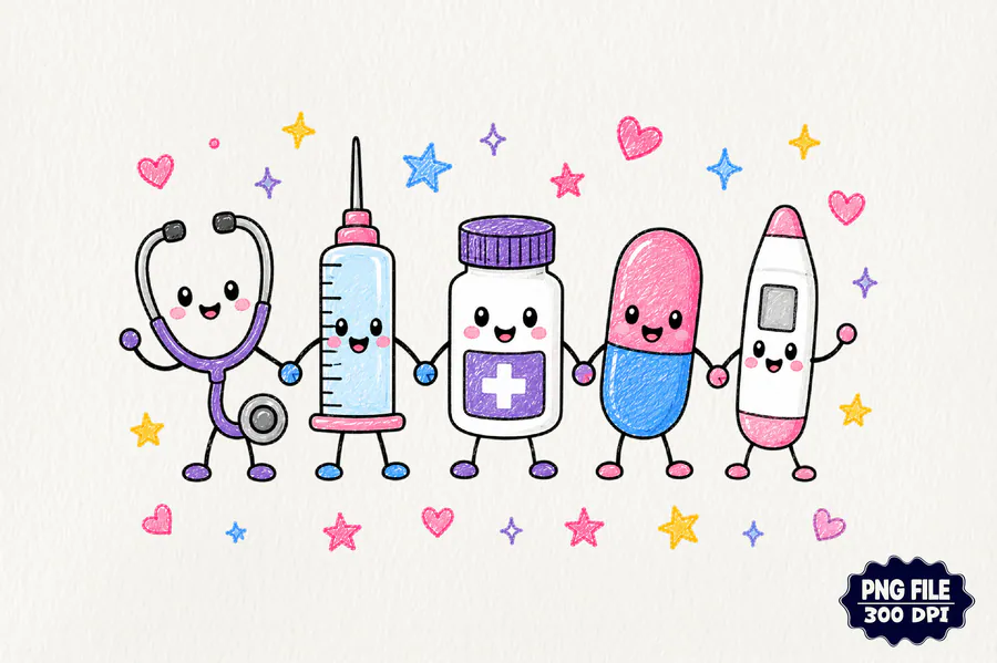 Nursing Supplies Doodles PNG preview for nurse sublimation designs