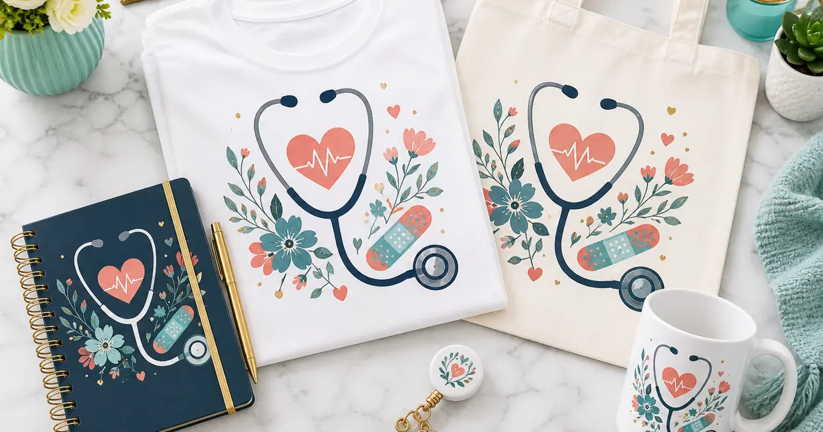 Nurse sublimation designs shown on a shirt, tote, mug, notebook and badge reel