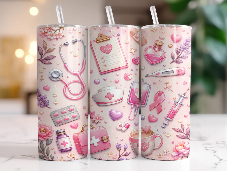 Pink Floral Nurse 20oz Tumbler Wrap PNG preview for nurse tumbler sublimation designs