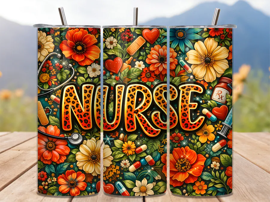 Floral Leopard Nurse Design Tumbler Wrap preview for nurse tumbler sublimation designs