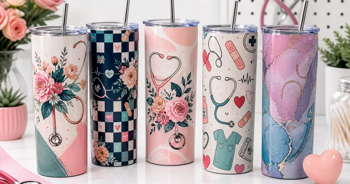 Nurse tumbler sublimation designs shown on five coordinated 20 ounce skinny tumblers
