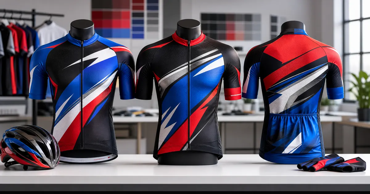 Racing jersey sublimation design ideas shown on red, black and blue cycling performance kits