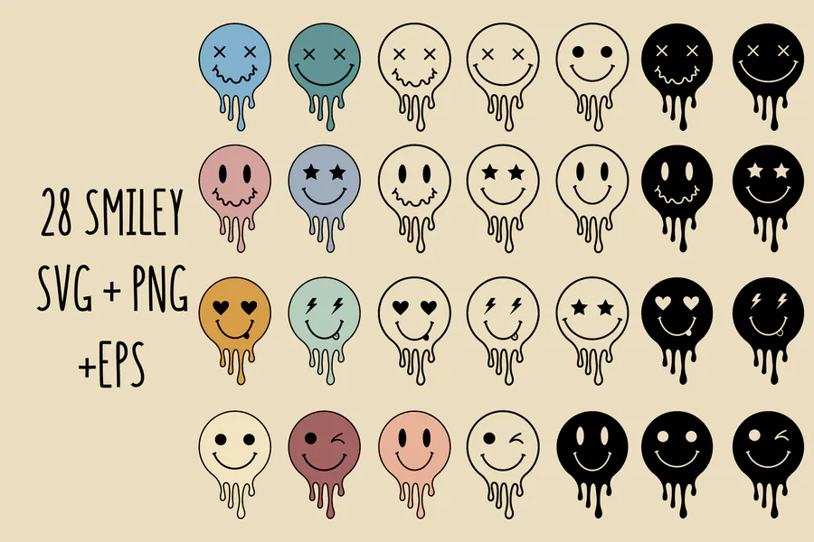 Smiley Face SVG Bundle Outline Clipart preview for retro groovy shirt svg