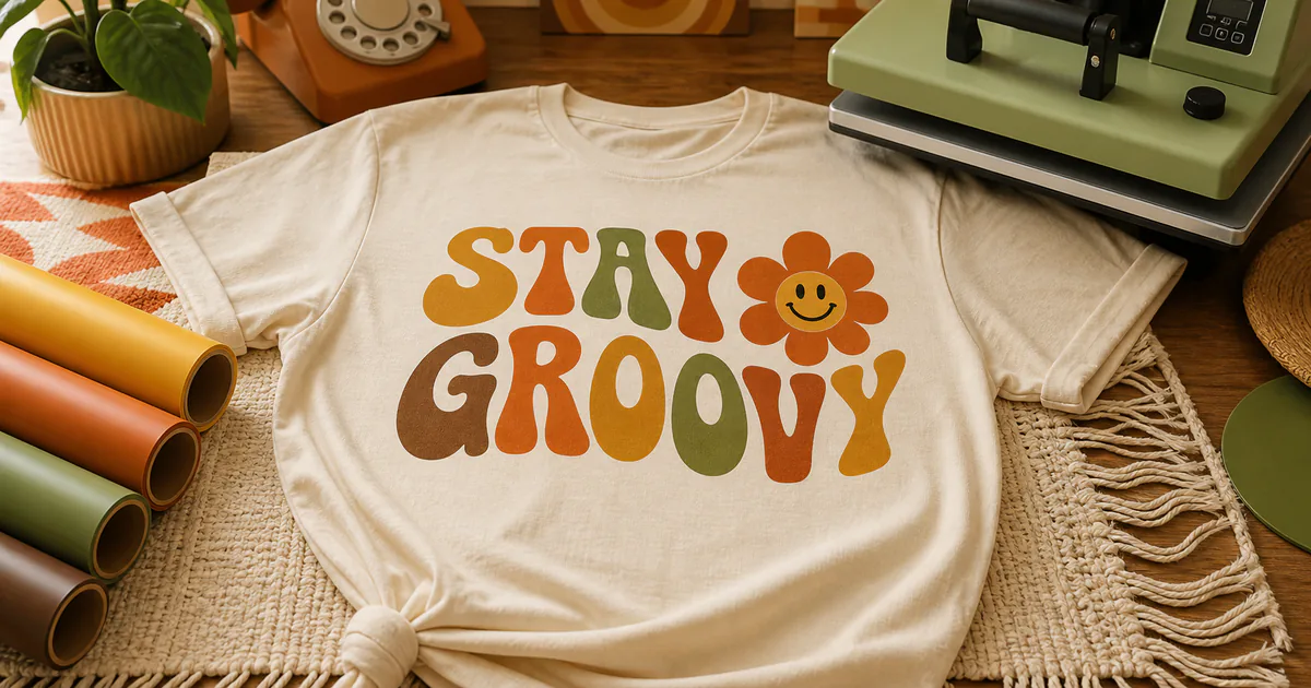 Retro groovy shirt SVG design printed on a cream tee with colorful 1970s craft styling