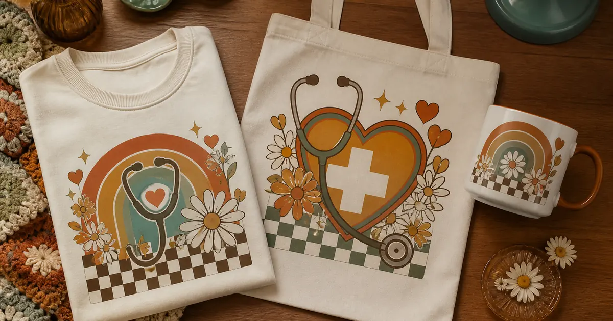 Retro nurse sublimation designs shown on a shirt, tote and mug in a 1970s palette