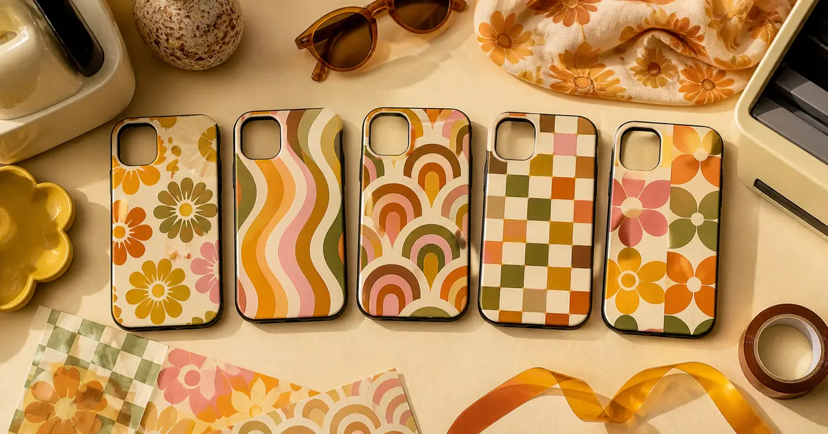 Retro phone case sublimation ideas with groovy flowers, arches and checkerboards