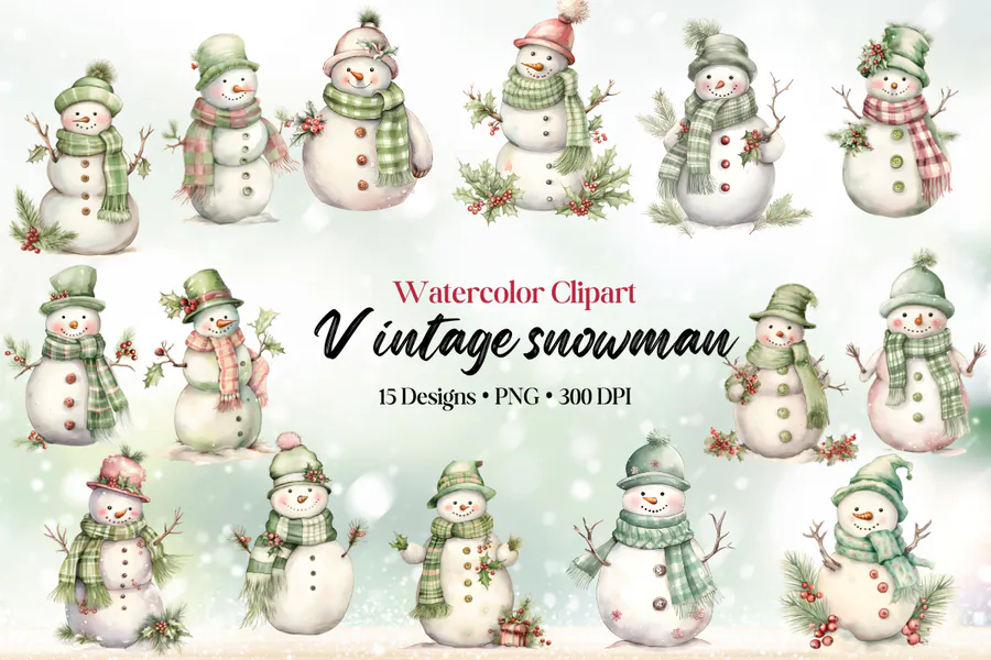 Watercolor Vintage Christmas Snowman preview for snowman Christmas sublimation PNG