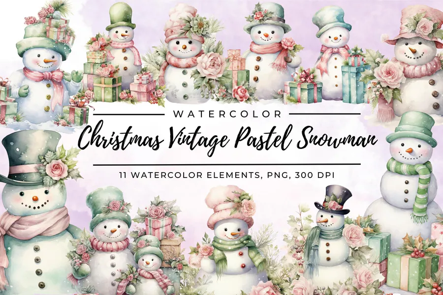 Christmas Vintage Pastel Snowman Clipart preview for snowman Christmas sublimation PNG