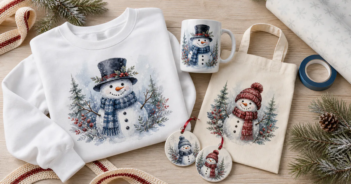 Snowman Christmas sublimation PNG designs on a sweatshirt, mug, tote and ornaments