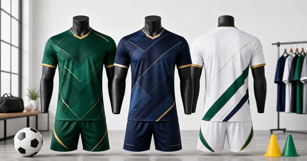 Soccer jersey sublimation design ideas shown on green, navy and white custom football kits