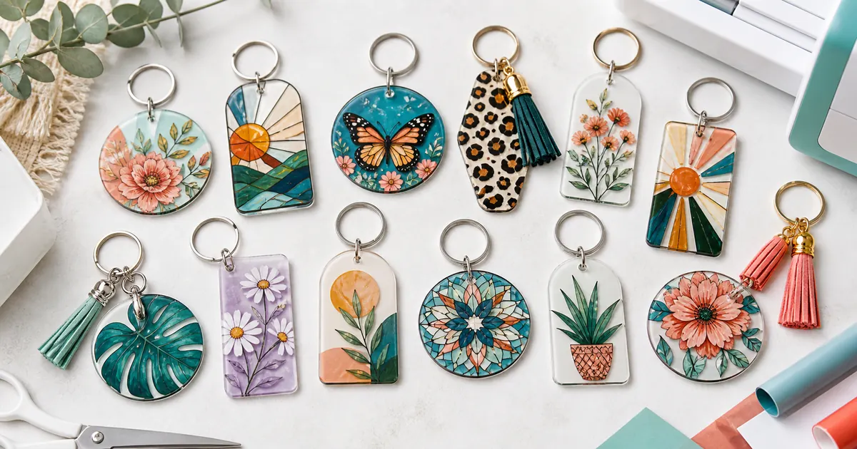 Sublimation keychain designs shown on round, rectangular and motel-tag keychains