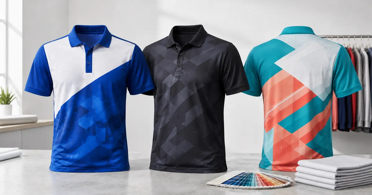 Sublimation polo shirt design ideas shown on blue, charcoal and teal custom polos