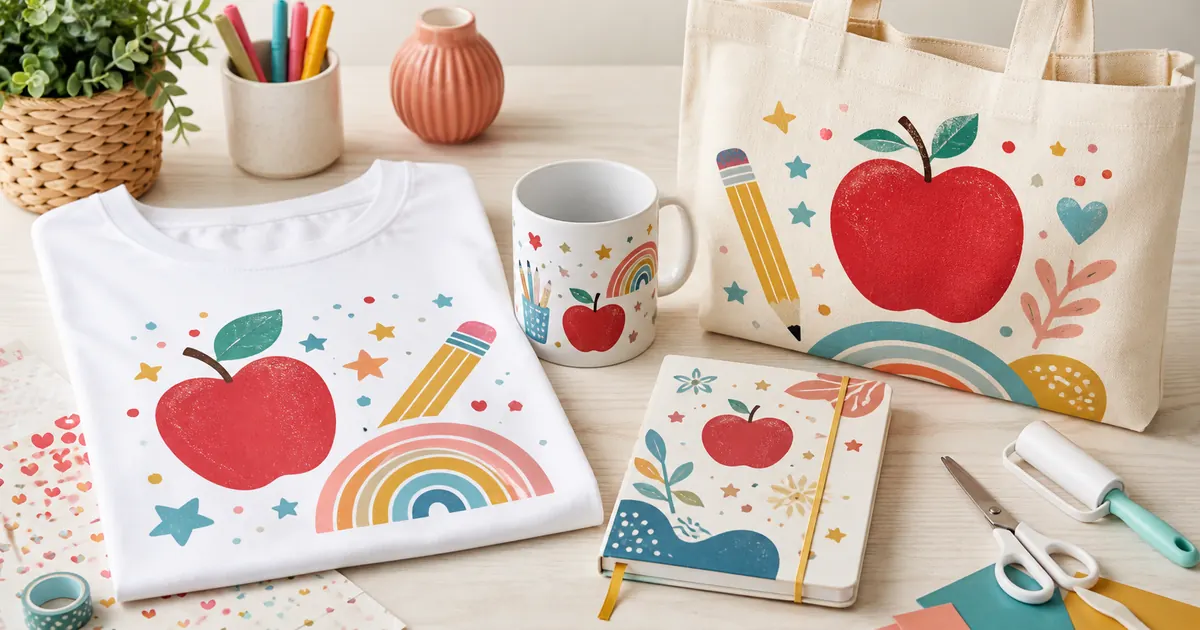 Teacher sublimation designs shown on a shirt, tote, mug and notebook with colorful school motifs