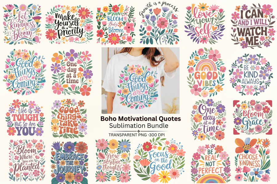 Boho floral motivational quote PNG bundle preview