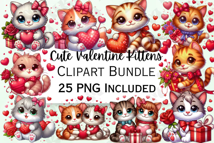 Cute Valentine's Day Kitten Clipart preview