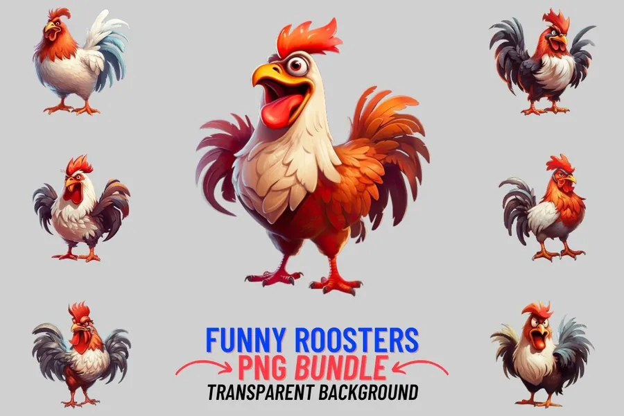 Funny watercolor rooster PNG collection preview