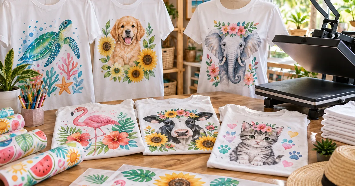 Playful animal sublimation shirt transfers and light blank apparel on a cheerful craft table