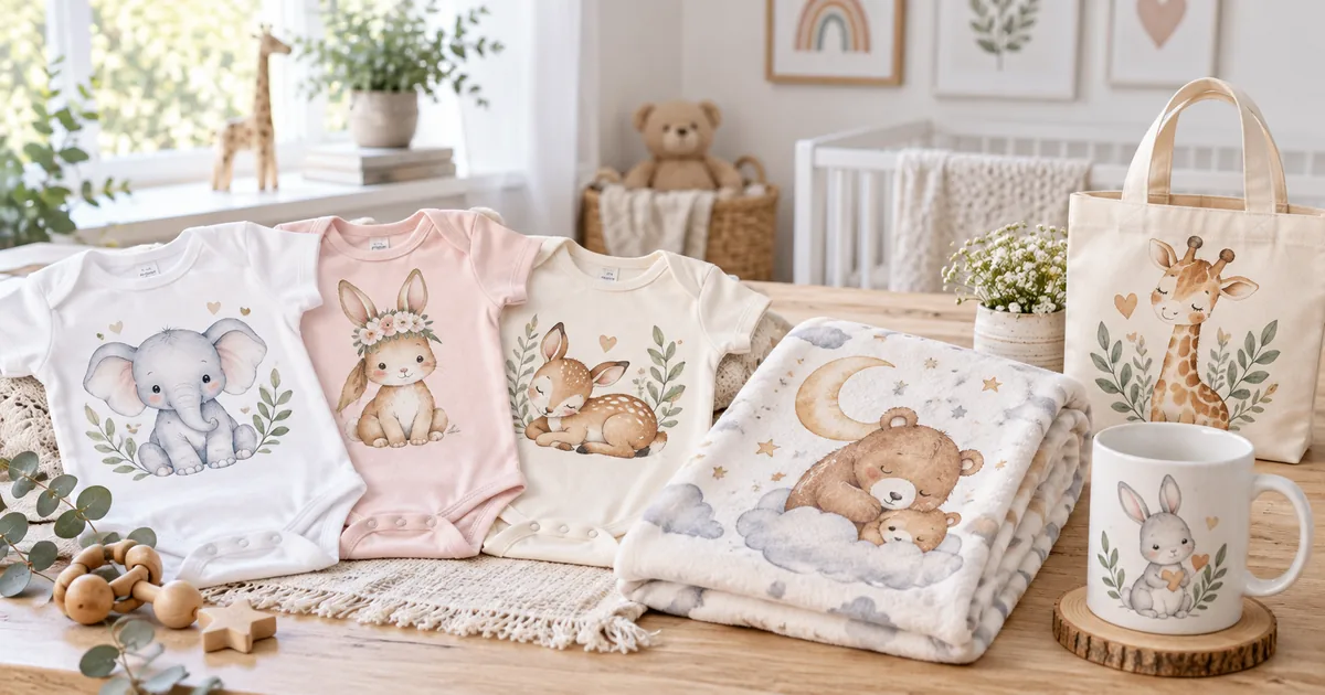 Soft baby sublimation gifts with animal onesies, pastel blankets and a nursery mug