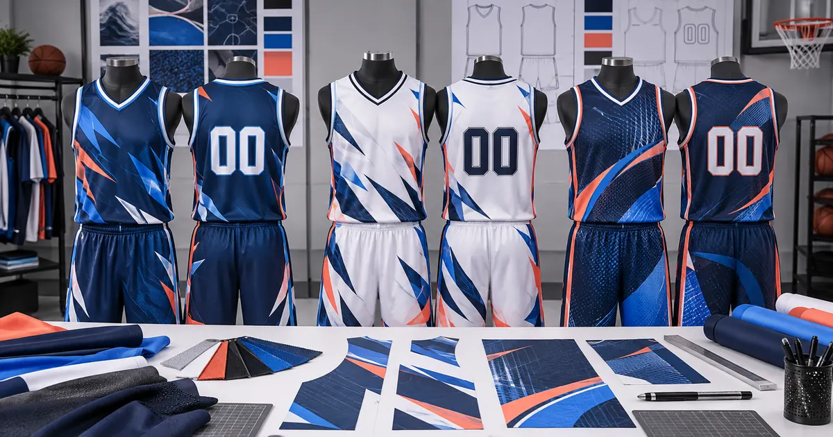 Basketball jersey sublimation concepts with fabric swatches and cut panels