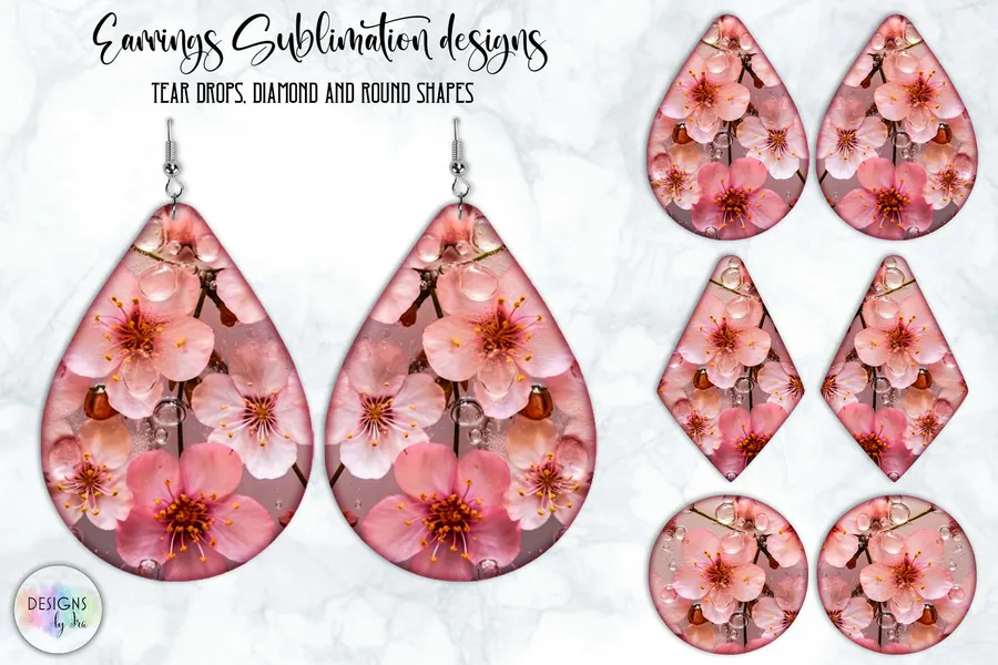Cherry Blossom Earrings Sublimation PNG preview for floral sublimation earring designs