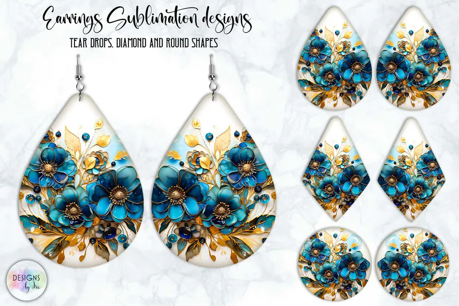 3D Blue Peony Flowers Earrings Design preview for floral sublimation earring designs
