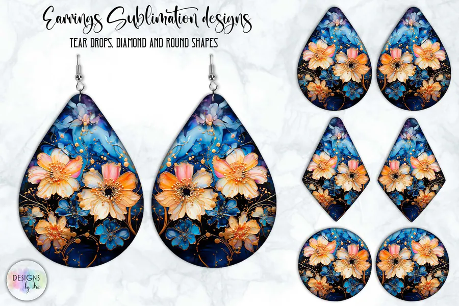 Blue Poppy Flowers Earrings Design preview for floral sublimation earring designs