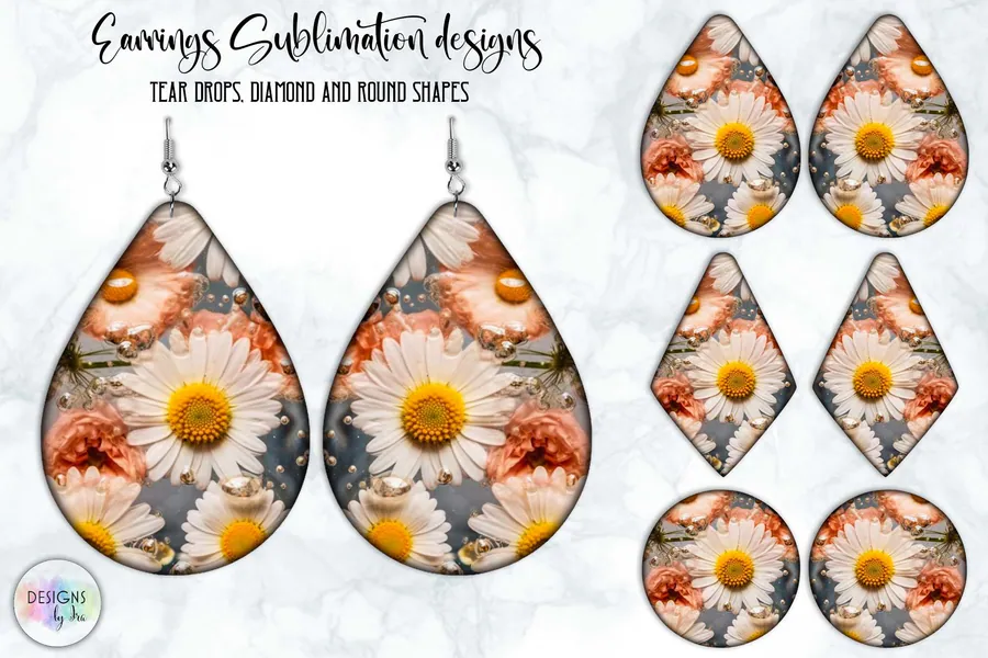 Daisy Flowers Earrings Sublimation PNG preview for floral sublimation earring designs