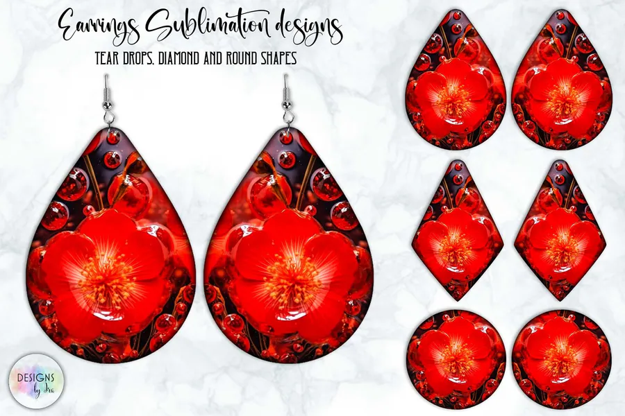 Red Flowers Earrings Sublimation Design preview for floral sublimation earring designs