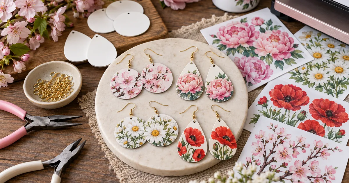 Botanical floral sublimation earrings with blossoms, peonies and daisies on a jewelry craft table