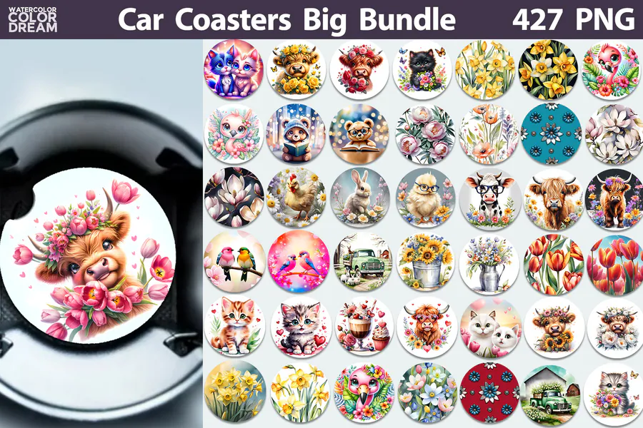 427-PNG Car Coaster Big Bundle preview for car coaster sublimation designs